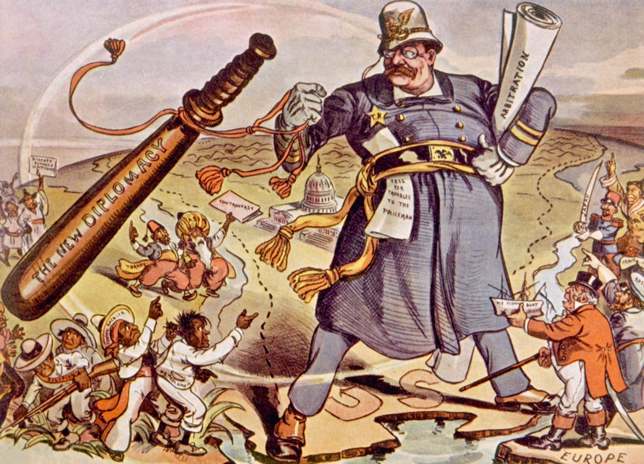 A political cartoon shows Theodore Roosevelt dressed as a police officer, holding a large stick labeled "The New Diplomacy." He stands over a map of the world, with various countries represented by smaller figures appealing to him. Some hold signs like "Controversy" and "Tell your troubles to the policeman." Roosevelt holds a scroll labeled "Arbitration" in his other hand. A figure labeled "Europe" stands to the side holding a small boat labeled "My Fishing Boat," looking concerned. The U.S. Capitol building is visible in the background.