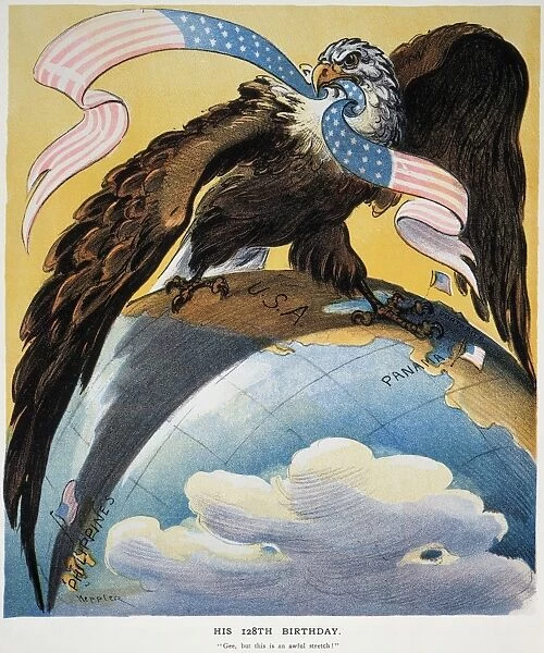 A bald eagle spreads its wings over a globe, with its talons gripping both the United States and Panama. The eagle holds a ribbon with stars and stripes in its beak, which arches across the sky. The globe shows parts of North America, Central America, and the Caribbean, including areas labeled "USA," "Panama," and "Philippines." Clouds surround the lower portion of the globe. The eagle appears perched at the top, while a caption is present at the bottom of the image.
