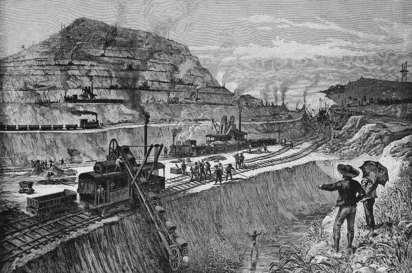 Illustration of the construction of the Panama Canal, showing a large-scale excavation project with workers, machinery, and railways. The scene features a hillside being cut into terraces, steam-powered shovels, and trains transporting soil. In the foreground, a person appears to be directing the work while another figure, potentially in distress, is seen in the canal trench below. Smoke from engines fills the background, indicating industrial activity.