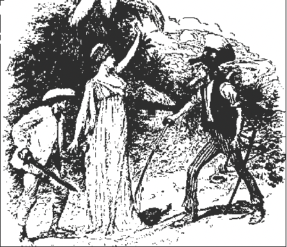 A drawing of a woman holding up her hand between two men with swords in an outdoor setting.